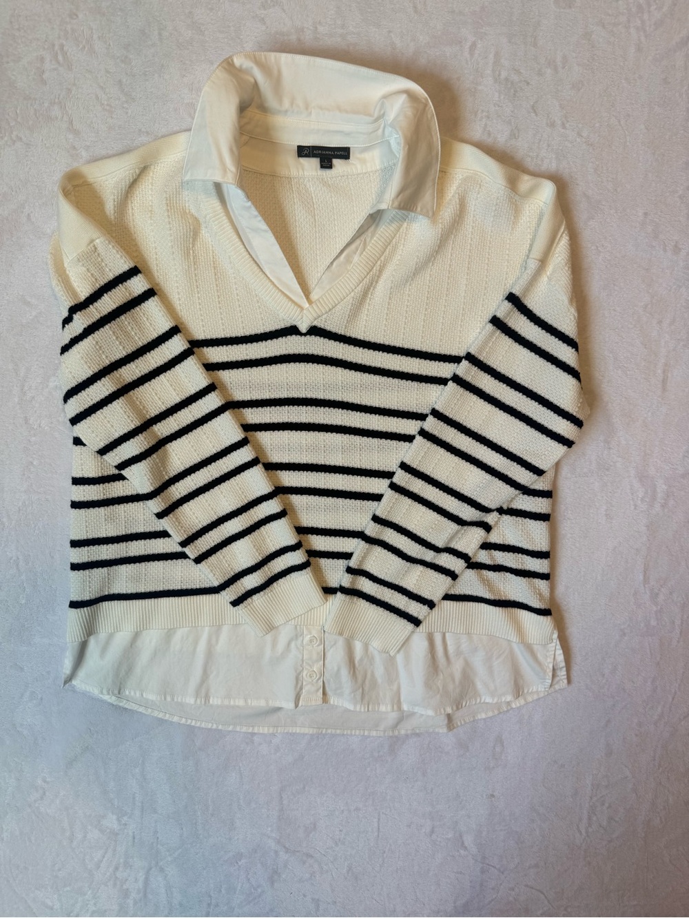 Adrianna Papell White V-Neck Striped Layered Sweater